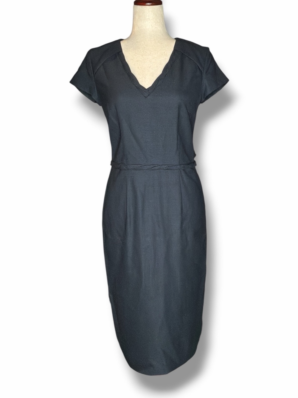 Faconnable Navy Blue Wool Silk Blend V-Neck Pencil Wiggle Knee Length Dress 36